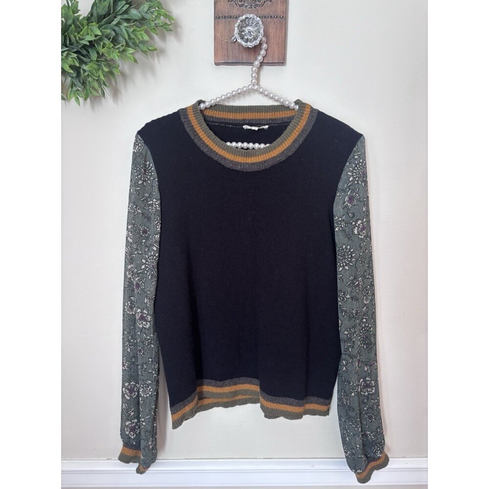 Mystree Womens Size L Black Sweater Green Floral Semi Sheer Sleeves